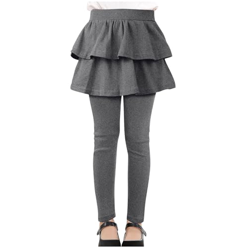 Guqmjde Mädchen Leggings mit Rock Hose Blickdicht Elastisch Sporthose High Waist Sportleggings Elegante Yogahose Sportrock Freizeit Laufhose Hosen 2-In-1 Rüschen Rock Freizeithose Grau 140 von Guqmjde