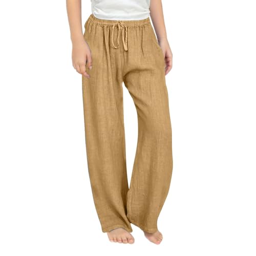 Guqmjde Mädchen Leinenhose Einfarbig Sommerhose Atmungsaktiv Sommer Hose Freizeit Hosen Elastische Taille Sporthose Bequem Freizeithose Casual Sweatpants Sweathose Beige,12 Jahre von Guqmjde