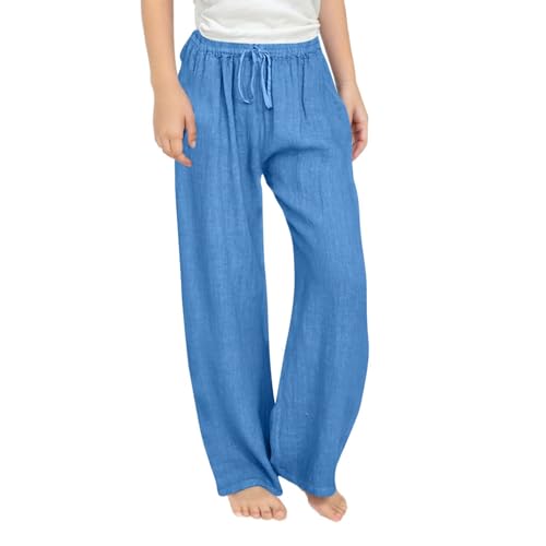 Guqmjde Mädchen Leinenhose Einfarbig Sommerhose Atmungsaktiv Sommer Hose Freizeit Hosen Elastische Taille Sporthose Bequem Freizeithose Casual Sweatpants Sweathose Blau, 12 Jahre von Guqmjde