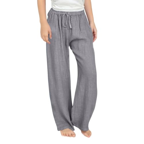 Guqmjde Mädchen Leinenhose Einfarbig Sommerhose Atmungsaktiv Sommer Hose Freizeit Hosen Elastische Taille Sporthose Bequem Freizeithose Sweatpants Sweathose Grau, 10 Jahre von Guqmjde