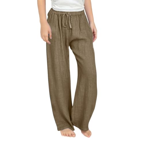 Guqmjde Mädchen Leinenhose Einfarbig Sommerhose Atmungsaktiv Sommer Hose Hosen Elastische Taille Sporthose Bequem Freizeithose Sweatpants Sweathose Kaffee, 10 Jahre von Guqmjde