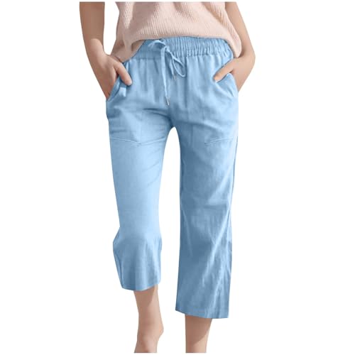 Guqmjde Mädchen Leinenhose Sommer 3/4 Hose Leinen Baumwolle Stoffhose Atmungsaktiv Hosen Lässig Sporthose Elastische Taille Sommerhose Einfarbig Freizeithose Outdoorhose Kinder Sweatpants Hellblau,150 von Guqmjde