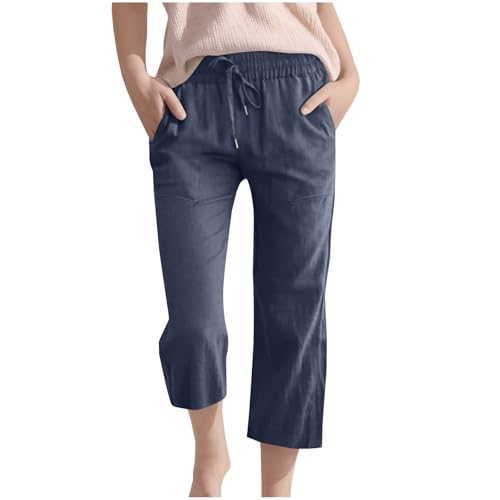Guqmjde Mädchen Leinenhose Sommer 3/4 Hose Leinen Baumwolle Stoffhose Atmungsaktiv Hosen Lässig Sporthose Elastische Taille Sommerhose Einfarbig Freizeithose Outdoorhose Kinder Sweatpants Marine,140 von Guqmjde