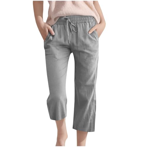 Guqmjde Mädchen Leinenhose Sommer 3/4 Hose Leinen Baumwolle Stoffhose Atmungsaktiv Hosen Lässig Sporthose Elastische Taille Sommerhose Einfarbig Freizeithose Outdoorhose Kinder Sweatpants Grau,150 von Guqmjde