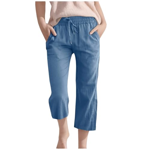 Guqmjde Mädchen Leinenhose Sommer 3/4 Hose Leinen Baumwolle Stoffhose Atmungsaktiv Hosen Lässig Sporthose Elastische Taille Sommerhose Freizeithose Outdoorhose Blau, 9 Jahre von Guqmjde