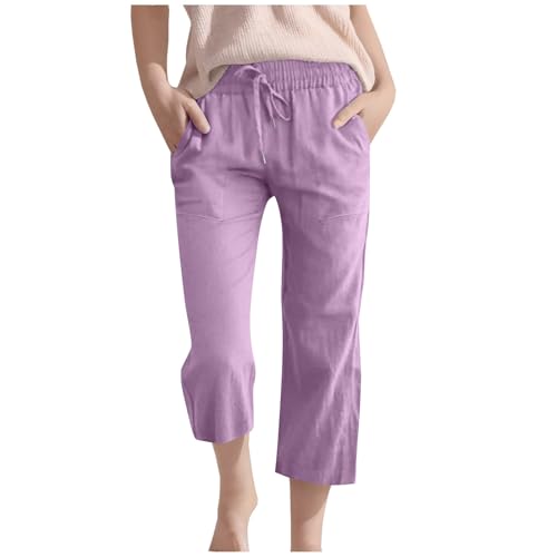 Guqmjde Mädchen Leinenhose Sommer 3/4 Hose Leinen Baumwolle Stoffhose Atmungsaktiv Hosen Lässig Sporthose Elastische Taille Sommerhose Freizeithose Outdoorhose Lila,150 von Guqmjde