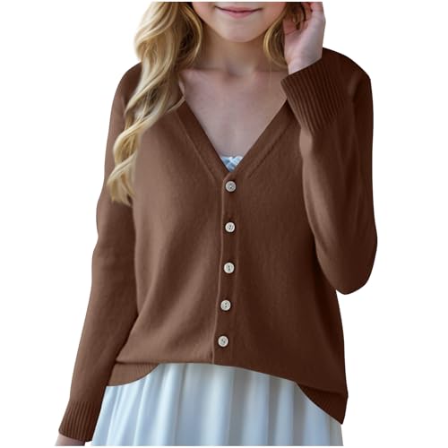 Guqmjde Mädchen Strickjacke Warme Cardigan mit Knöpfen Schuluniform V-Ausschnitt Jacke Kinder Oberteil Thermo Jacke Einfarbig Klamotten Freizeit Kleidung Kaffee 150 von Guqmjde