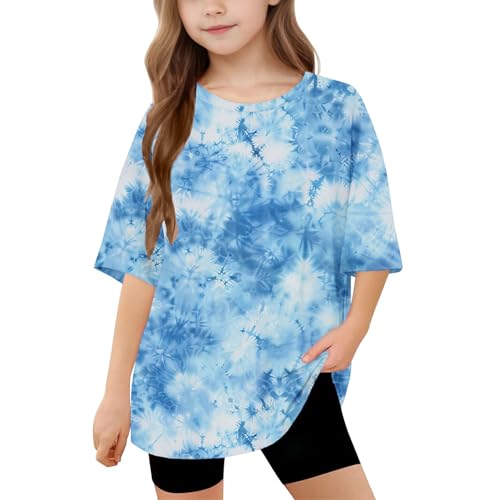 Guqmjde Mädchen T-Shirt Batik Tshirt Sommer Kurzarm Mode Tops Lässiger Klamotten Tie-Dye Shirt Atmungsaktive Kleidung Rundhals Bekleidung Regular Tunika Kurze Ärmel Oberteile Blau, 12 Jahre von Guqmjde