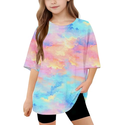 Guqmjde Mädchen T-Shirt Batik Tshirt Sommer Kurzarm Mode Tops Lässiger Klamotten Tie-Dye Shirt Atmungsaktive Kleidung Rundhals Bekleidung Regular Tunika Kurze Ärmel Oberteile Mehrfarbig, 10 Jahre von Guqmjde