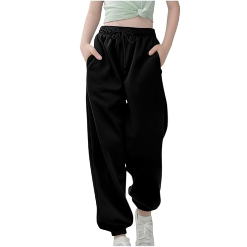 Guqmjde Mädchen Trainingshose Kinder Jogginghose Freizeit Sporthose Lässiger Sommerhose Einfarbig Outdoorhose Loose Sweatpants Y2K Hose Regular Kuschelhose Schwarz, 11 Jahre von Guqmjde