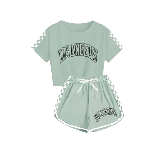 Guqmjde Mädchen Tshirt mit Shorts Set Sommer Bekleidungssets Sport Zweiteiler Mode Trainingsanzug Kinder Anzug Kurzarm Tops und Sporthose 2 Teiler Outfit Armeegrün, 10 Jahre von Guqmjde
