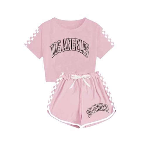 Guqmjde Mädchen Tshirt mit Shorts Set Sommer Bekleidungssets Sport Zweiteiler Mode Trainingsanzug Kinder Anzug Kurzarm Tops und Sporthose 2 Teiler Outfit Rosa, 10 Jahre von Guqmjde