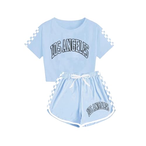 Guqmjde Mädchen Tshirt mit Shorts Set Sommer Bekleidungssets Sport Zweiteiler Mode Trainingsanzug Kinder Anzug Kurzarm Tops und Sporthose 2 Teiler Outfit Warehouse Deal Himmelblau, 10 Jahre von Guqmjde