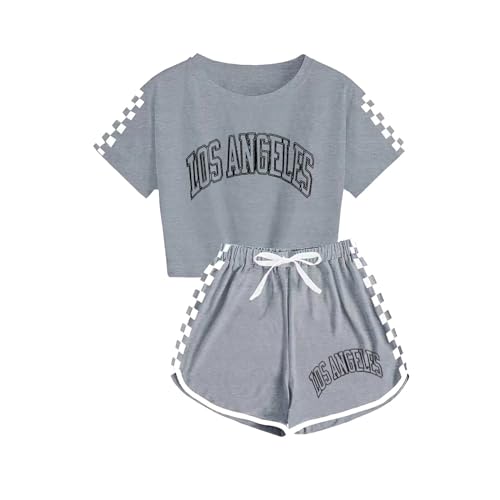Guqmjde Mädchen Tshirt mit Shorts Set Sommer Bekleidungssets Sport Zweiteiler Mode Trainingsanzug Kinder Anzug Kurzarm Tops und Sporthose 2 Teiler Outfit Grau, 10 Jahre von Guqmjde