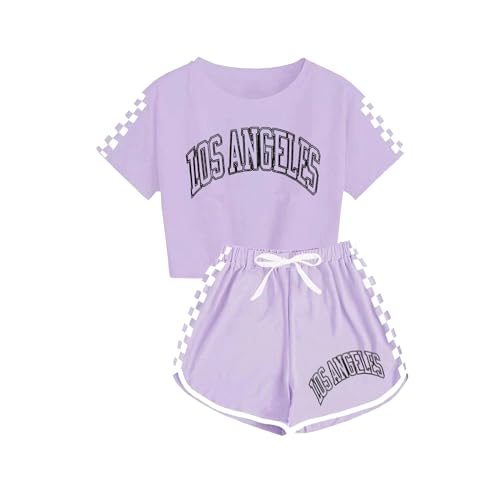 Guqmjde Mädchen Tshirt mit Shorts Set Sommer Bekleidungssets Sport Zweiteiler Mode Trainingsanzug Kinder Anzug Kurzarm Tops und Sporthose 2 Teiler Outfit Lila, 13 Jahre von Guqmjde