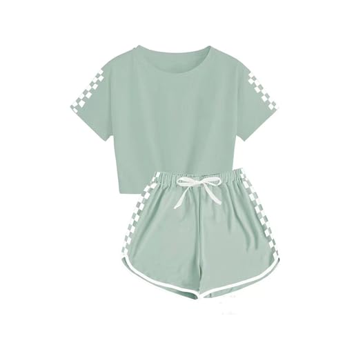 Guqmjde Mädchen Tshirt mit Shorts Set Sommer Bekleidungssets Sport Zweiteiler Trainingsanzug Kurzarm Tops und Sporthose 2 Teiler Outfit Sportkleidung Armeegrün 10-12 Jahre von Guqmjde