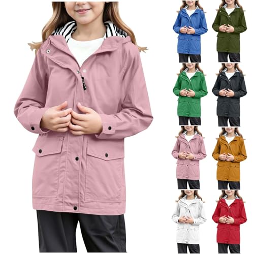 Guqmjde Regenjacke Kinder Übergangsjacke Mädchen Winddicht Regenmantel Wasserdichte Jacke mit Tasche Outdoorjacke Funktionsjacke Einfarbig Wanderjacke Lässiger Regenanzug Rosa 130 von Guqmjde