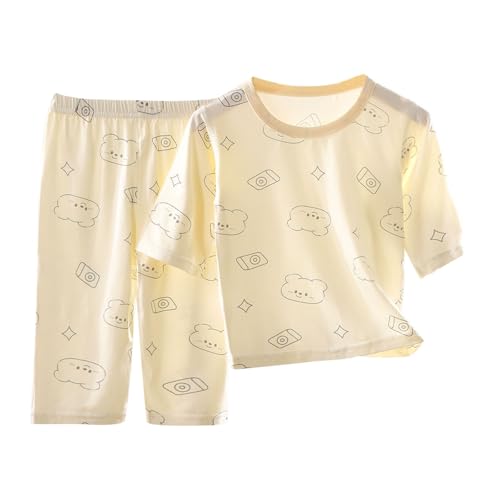 Guqmjde Schlafanzug Mädchen Baumwolle Kurzarm Kinder Pyjama Set Nachtwäsche Hausanzug Zweiteiler T-Shirt und Shorts Sommer Bekleidungssets Kinderkleidung Beige,9 Jahre von Guqmjde