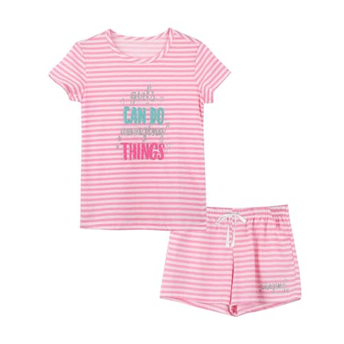 Guqmjde Schlafanzug Mädchen Sommer Bekleidungssets Bequem Pyjama Set Hausanzug Kurze Hose mit Tshirt Zweiteiler Kinder Anzug Kurzarm Loose Tops und Shorts Rosa, 13 Jahre von Guqmjde