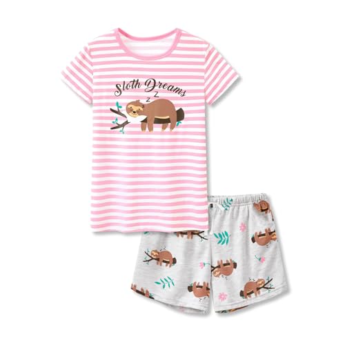 Guqmjde Schlafanzug Mädchen Sommer Bekleidungssets Bequem Pyjama Set Hausanzug Kurze Hose mit Tshirt Zweiteiler Kinder Anzug Kurzarm Loose Tops und Shorts Rosa, 13 Jahre von Guqmjde