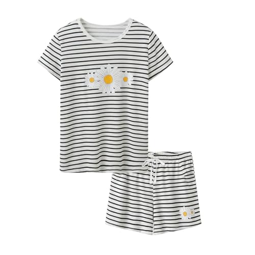 Guqmjde Schlafanzug Mädchen Sommer Bekleidungssets Bequem Pyjama Set Hausanzug Kurze Hose mit Tshirt Zweiteiler Kinder Anzug Kurzarm Loose Tops und Shorts Schwarz, 13 Jahre von Guqmjde