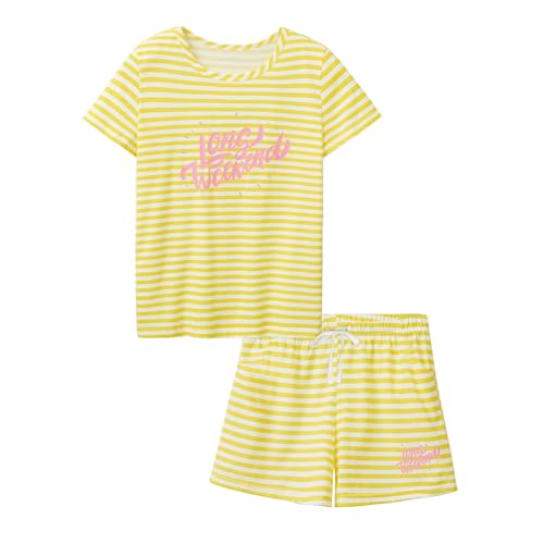 Guqmjde Schlafanzug Mädchen Sommer Bekleidungssets Bequem Pyjama Set Hausanzug Kurze Hose mit Tshirt Zweiteiler Kinder Anzug Kurzarm Loose Tops und Shorts Gelb, 13 Jahre von Guqmjde