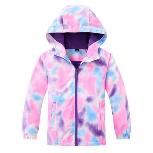 Guqmjde Übergangsjacke Mädchen Regenjacke Kinder Softshelljacke Batik Jacke Tie-Dye Mantel Wasserdichte Regenmantel Fleecefütterung Kapuzenjacke Winddicht Wanderjacke Fleecefütterung jacke Lila 140 von Guqmjde