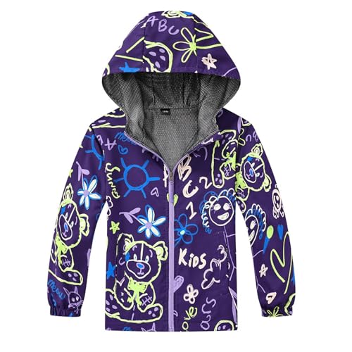 Guqmjde Übergangsjacke Mädchen Regenjacke Kinder Softshelljacke Batik Jacke Tie-Dye Mantel Wasserdichte Regenmantel Fleecefütterung Kapuzenjacke Winddicht Wanderjacke Fleecefütterung jacke Lila 140 von Guqmjde