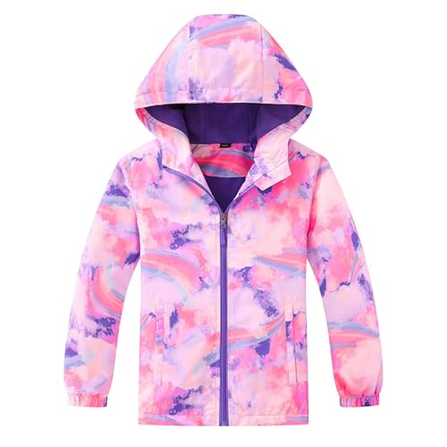 Guqmjde Übergangsjacke Mädchen Regenjacke Kinder Softshelljacke Batik Jacke Tie-Dye Mantel Wasserdichte Regenmantel Fleecefütterung Kapuzenjacke Winddicht Wanderjacke Fleecefütterung jacke Rosa 130 von Guqmjde