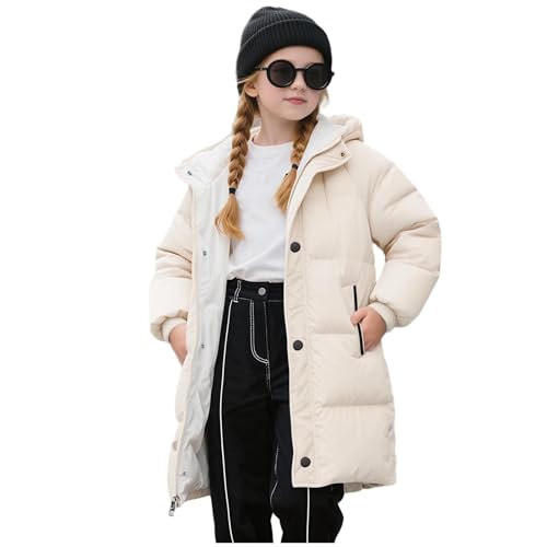 Guqmjde Winterjacke Mädchen Daunenmantel Lang Puffer Jacke Warme Wintermantel Kinder Daunenjacken Winddicht Outdoorjacke Casual Kapuzenjacke Freizeitjacke Thermo Mantel Beige 140 von Guqmjde