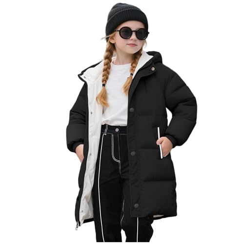 Guqmjde Winterjacke Mädchen Daunenmantel Lang Puffer Jacke Warme Wintermantel Kinder Daunenjacken Winddicht Outdoorjacke Casual Kapuzenjacke Freizeitjacke Thermo Mantel Schwarz 140 von Guqmjde