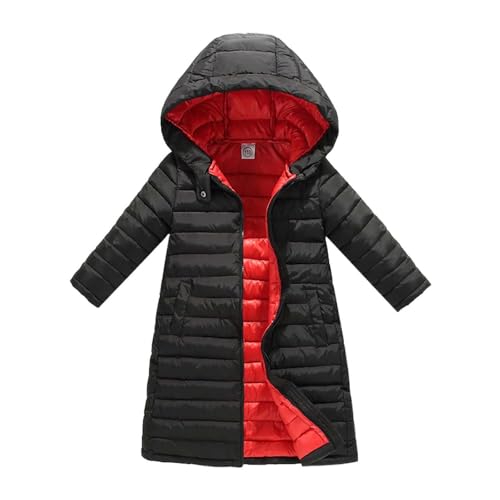 Guqmjde Winterjacke Mädchen Leichte Steppjacke Jungen Puffer Jacke Warme Daunenmantel Lang Wintermantel Casual Daunenjacken Winddicht Kapuzenjacke Kinder Steppmantel Freizeitjacke Schwarz 140 von Guqmjde