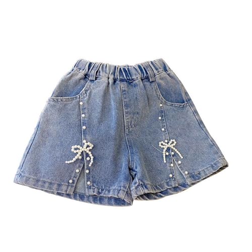 Mädchen Jeans Shorts Einfarbig Denim Kurze Hose Elastische Taille Hot Pants Hotpants Kurze Hose High Waist Sommerhose Casual Loose Y2K Hose Freizeit Kuschelhose Hellblau,130 von Guqmjde