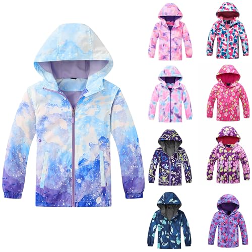 Übergangsjacke Mädchen Regenjacke Kinder Softshelljacke Batik Jacke Tie-Dye Mantel Wasserdichte Regenmantel Fleecefütterung Kapuzenjacke Winddicht Wanderjacke Fleecefütterung jacke Hellblau 130 von Guqmjde