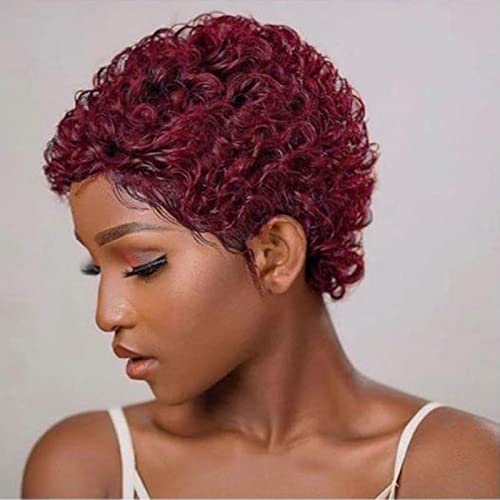 Guree Hair Glueless Wear And Go Perücke, kurz, gelockt, Echthaar, für schwarze Frauen, ohne Klebstoff, Rotwein, lockig, gelockt, für den täglichen Gebrauch (rot) von Guree Hair