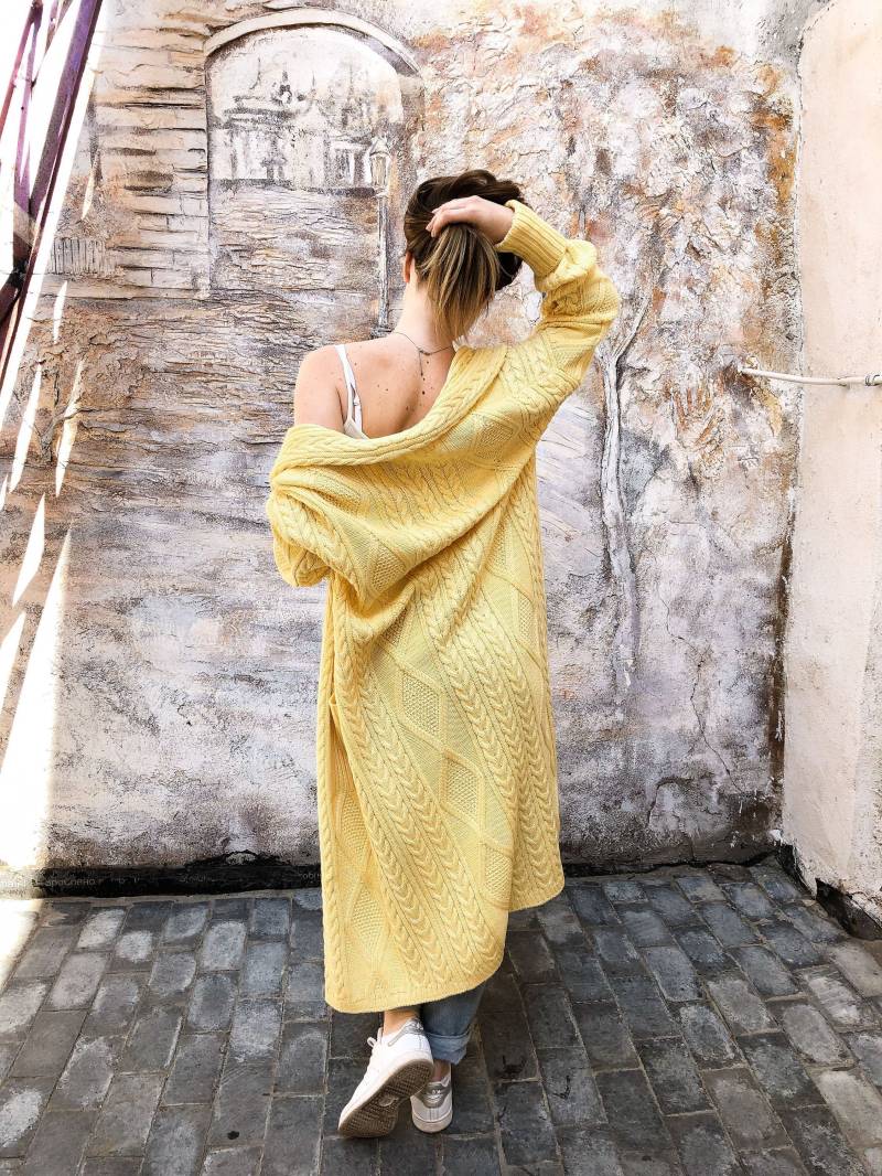 Gelbe Übergroße Strickjacke, Häkeln Kimono Chunky Lange Stricken Cardigan Gelbe Übergroße Strickjacke, Häkeln Kimono Chunky Lange Stricken Cardigan von GurenkovaKnitwear