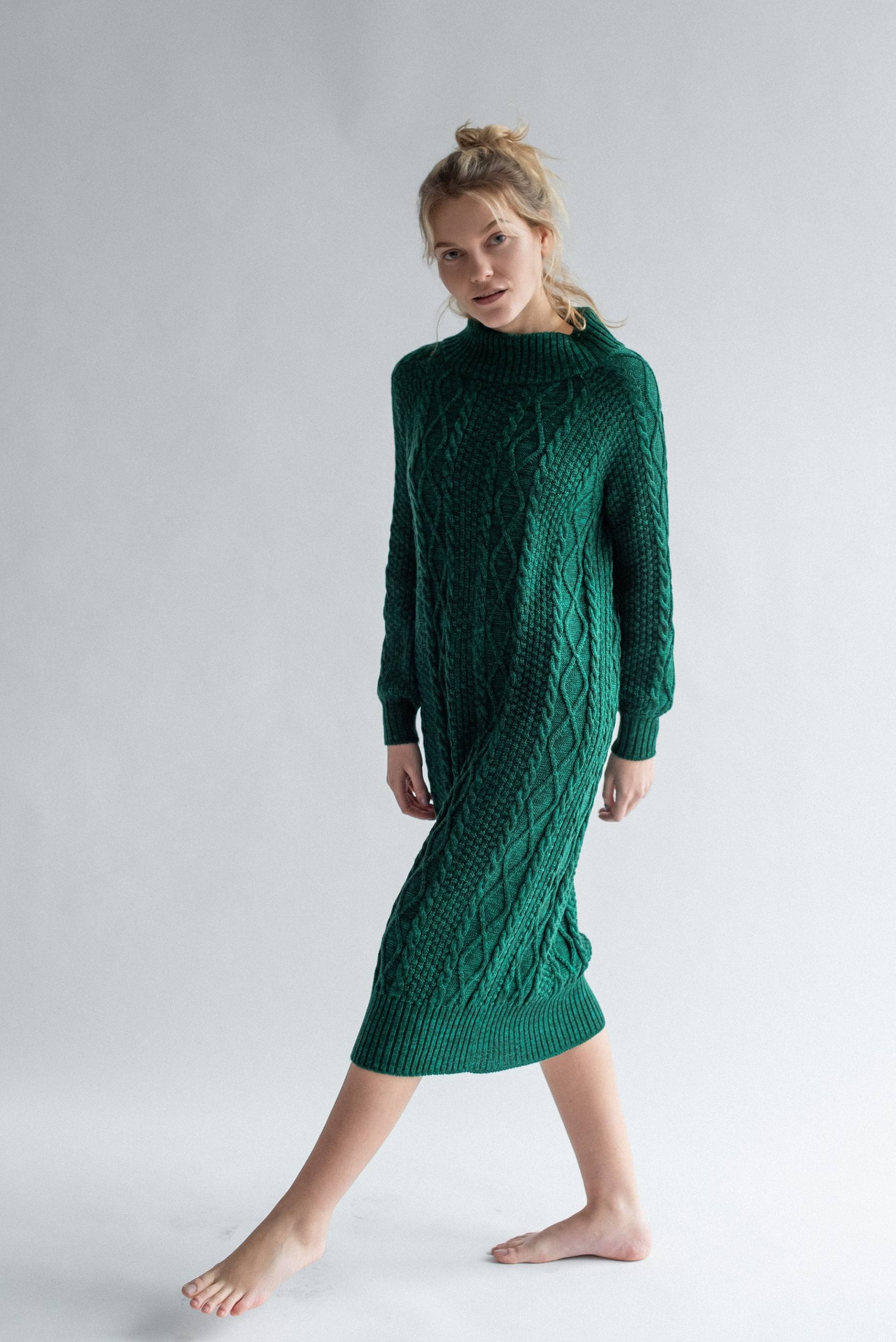 Grünes Pulloverkleid, Plus Size Maxikleid, Wollkleid, Oversized Pullover Für Frauen, Kleidung, Strickpullover, Boho Kleidung von GurenkovaKnitwear