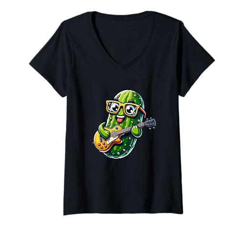 Damen Gurke Mit Gitarre Und Brille Spielt Musik T-Shirt mit V-Ausschnitt von Gurke Gitarre Musik Spaß Kunst