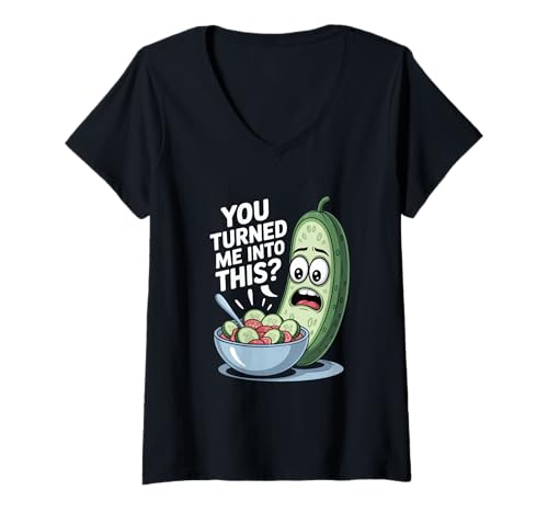 Damen Du Hast Mich In Das Verwandelt Gurken Cartoon Salatschuessel T-Shirt mit V-Ausschnitt Damen Du Hast Mich In Das Verwandelt Gurken Cartoon Salatschuessel T-Shirt mit V-Ausschnitt von Gurke Salat Humor Vegetarisch Veggie Witz Kueche
