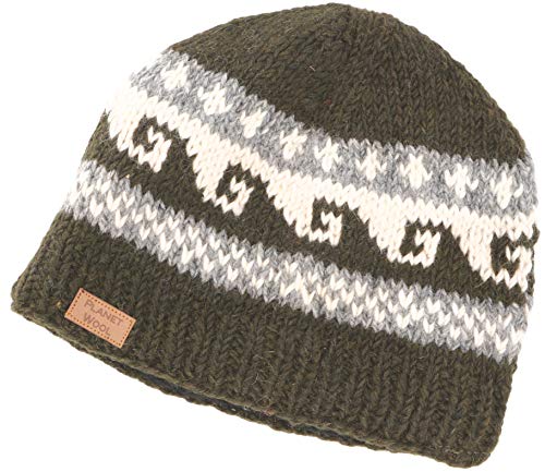 GURU SHOP Beanie Mütze, Strickmütze mit Mäandermuster aus Nepal, Wintermütze, Herren/Damen, Dunkelgrün, Wolle, Size:One Size von GURU SHOP