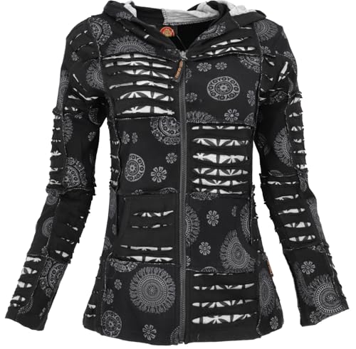 GURU SHOP Goa Patchwork Jacke, Boho Kapuzenjacke - Schwarz, Damen, Baumwolle, Size:L von GURU SHOP