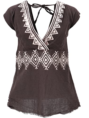 GURU SHOP Goa Top, Psytrance, Bedrucktes Bandeau Top, Choli, Braun/weiß, Baumwolle, Size:S/M (36) von GURU SHOP