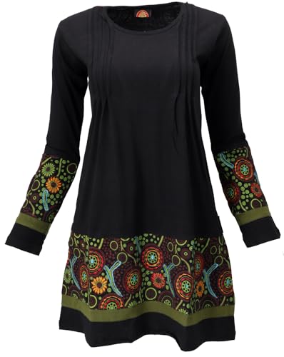 GURU SHOP Baumwoll Minikleid Boho Chic, Langarm Tunika - Schwarz/grün, Damen, Baumwolle, Size:S von GURU SHOP