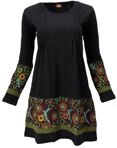 GURU SHOP Baumwoll Minikleid Chic, Langarm Tunika, Schwarz/grün, Baumwolle, Size:S (36) von GURU SHOP