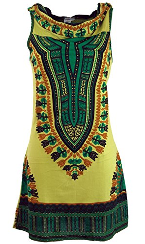 GURU SHOP Kapuzen Dashiki Minikleid, Goa Festivalkleid, Lemon, Baumwolle, Size:S/M (34) von GURU SHOP