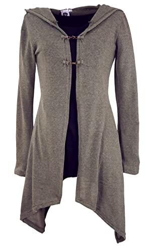 GURU SHOP Lange Strickjacke, Strickmantel mit Weiter Kapuze, Khaki, Baumwolle, Size:S/M (36) von GURU SHOP