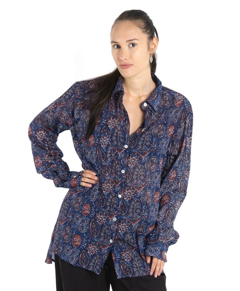Guru-Shop Longbluse Handbedrucktes Boho Langarmhemd, luftiges.. alternative Bekleidung von Guru-Shop