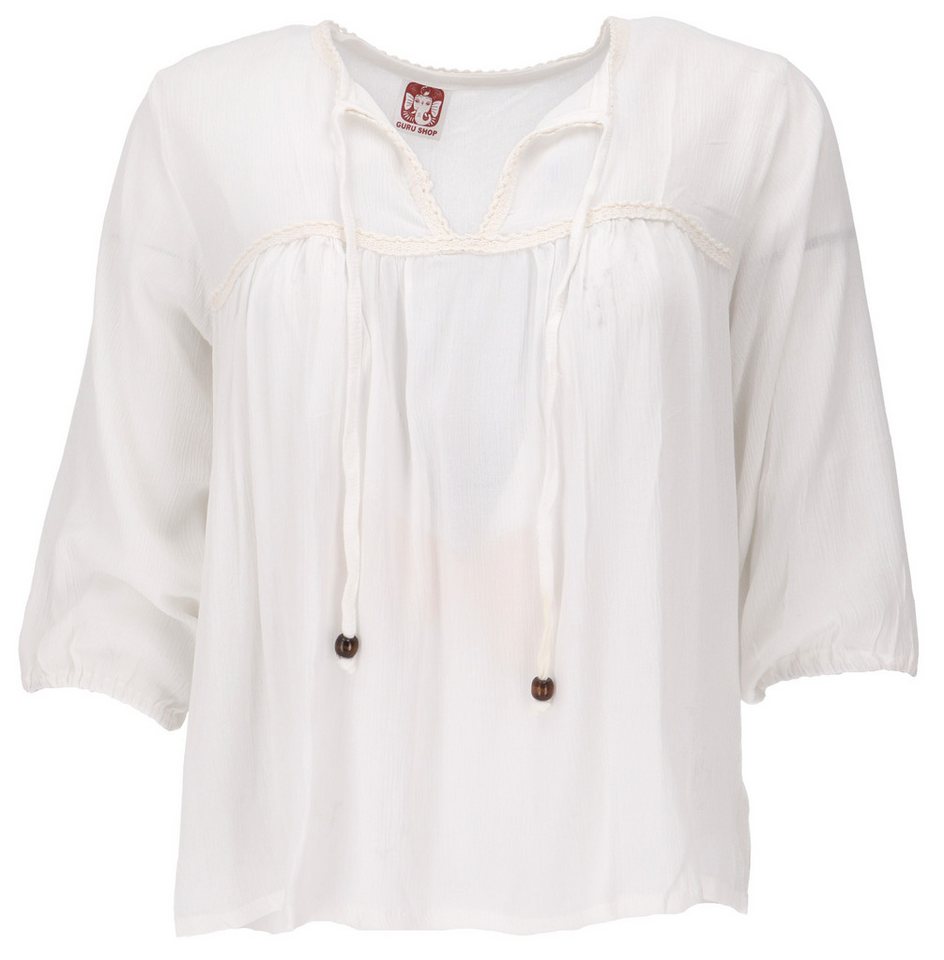 Guru-Shop Longbluse Luftige Boho Bluse, Maxibluse mit Spitze - weiß von Guru-Shop