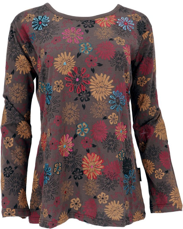 Guru-Shop Longsleeve Besticktes Langarmshirt Hippie chic Retro - braun alternative Bekleidung von Guru-Shop