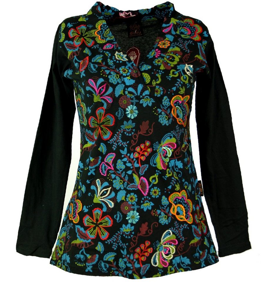 Guru-Shop Longsleeve Besticktes Langarmshirt mit V-Neck Flower Power.. alternative Bekleidung von Guru-Shop